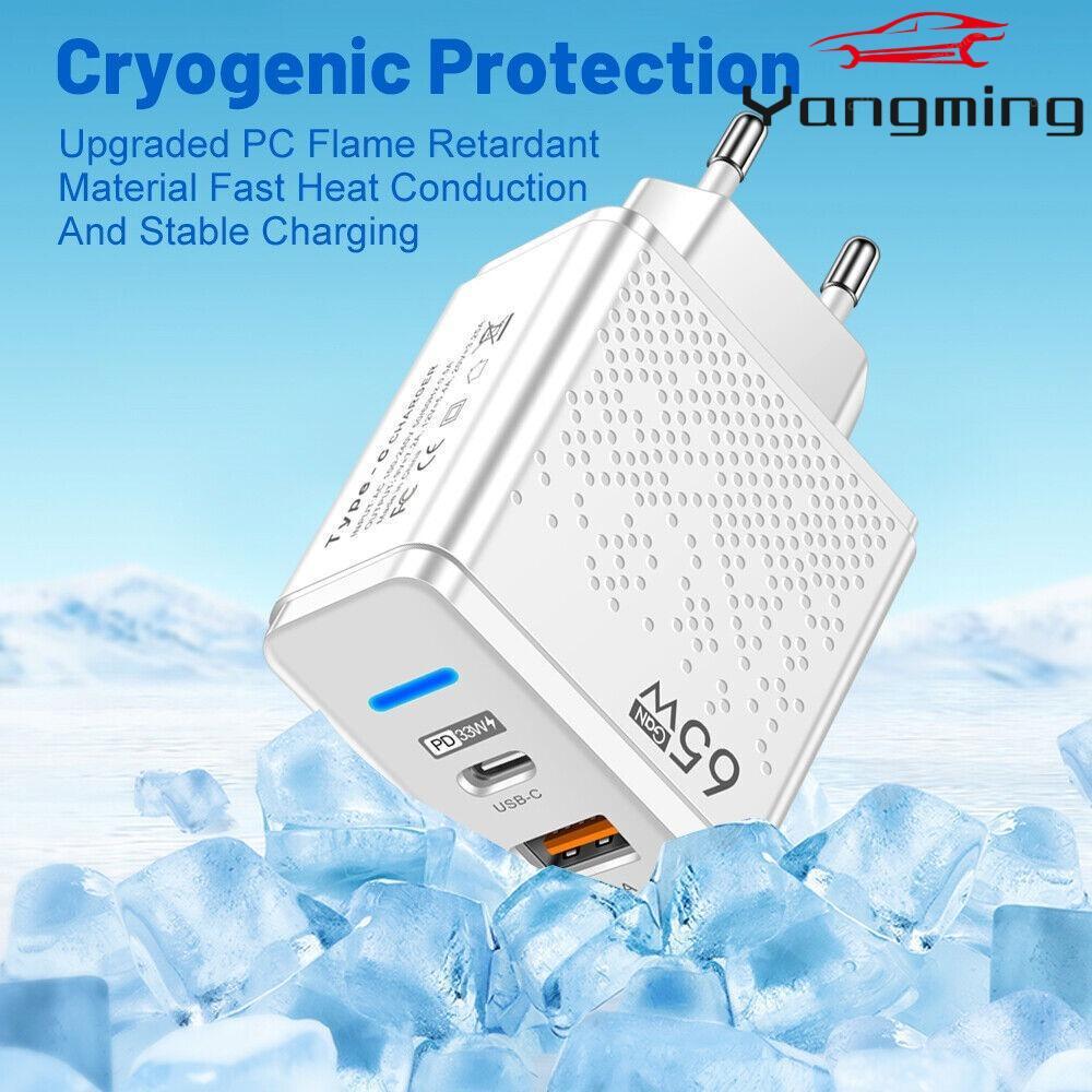 YANGMING หัวชาร์จหลายพอร์ต, USB PC Flame-retardant วัสดุเครื่องชาร์จมือถือ, 65W Type-C Luminescent Fast CHARGING Adapter EU Plug