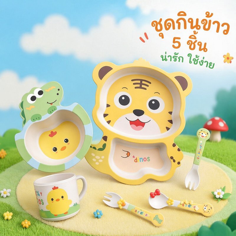 ชุดอาหารเย็นสําหรับเด็กเส้นใยไม้ไผ่แบ่งจานชามช้อนส้อมถ้วยการ์ตูนเด็กวัยหัดเดินให้อาหาร