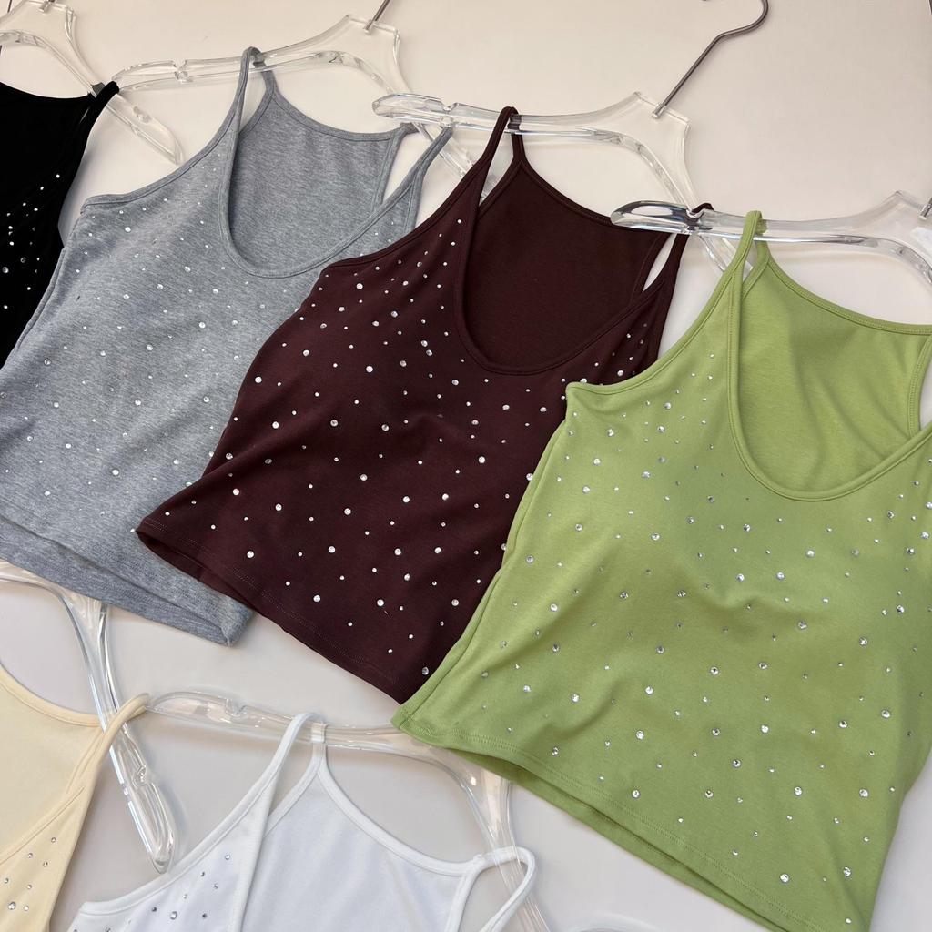Tank 382 เสื้อสายเดี่ยวติดเพชร สลิมฟิต เสริมบราฟองน้ำ เสื้อกล้ามแฟชั่น 2026 เสื้อสงกรานต์ ฤดูร้อน บางเบาใส่สบาย