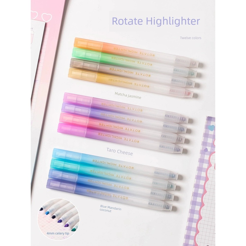 ♢Dopamine Color Rotary Highlighter Students Mark Notes with Key Marker Pen Oblique Head Marking ปากก