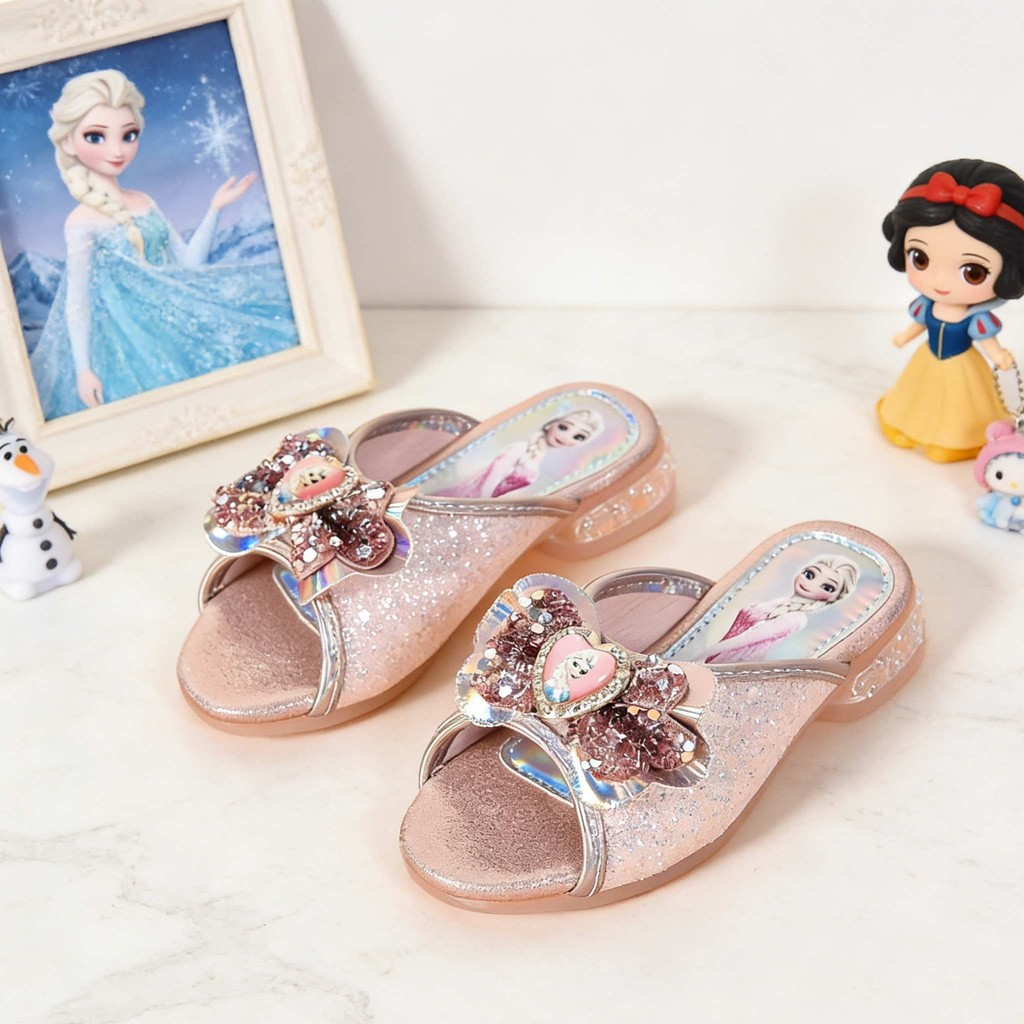 2026 สไตล์ใหม่ Frozen Princess Elsa เด็กรองเท้าแตะ Anti-slip Soft Sole รองเท้าแตะ Bright Diamond Bow รองเท้าชายหาด