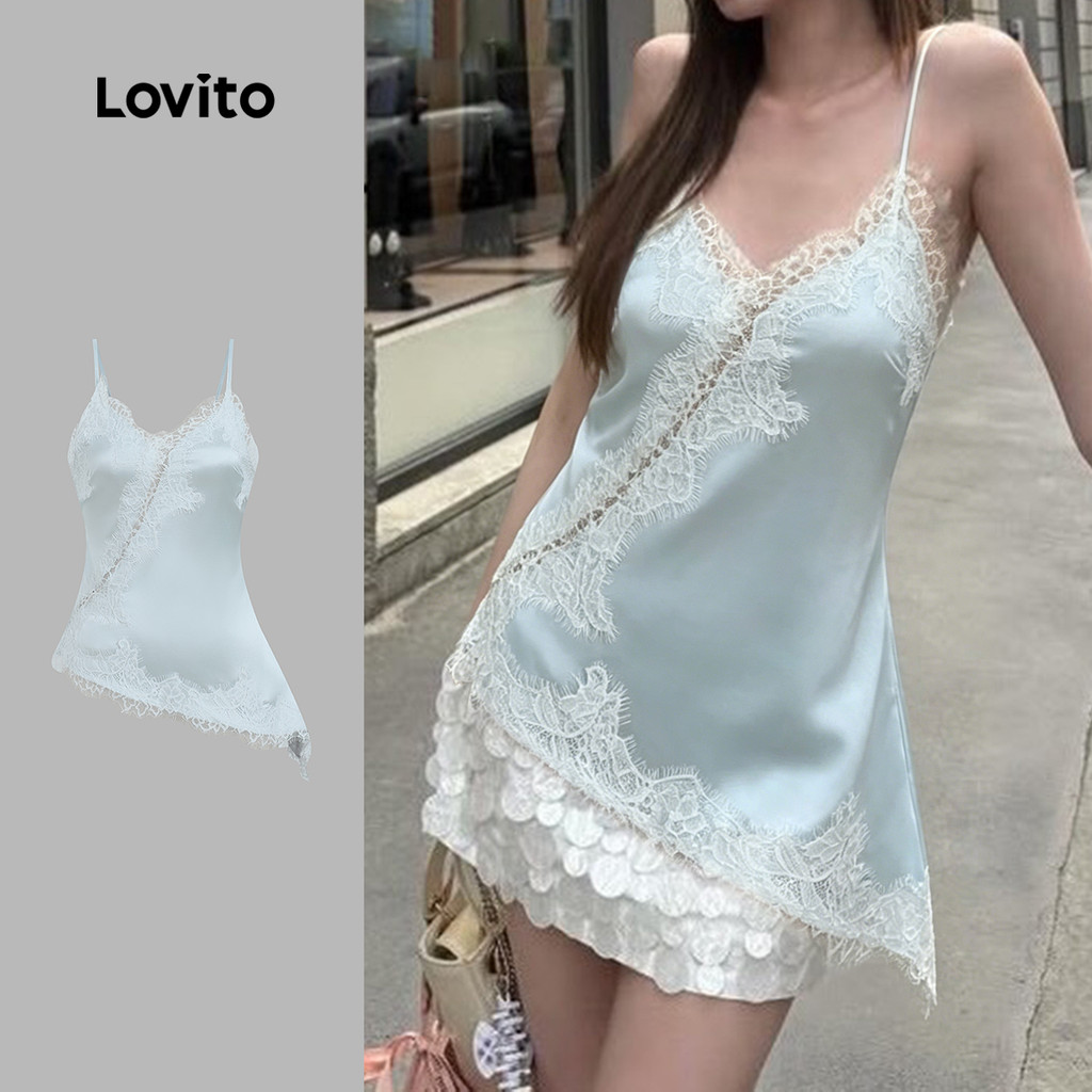 Lovito เสื้อลำลองทรงหลวม คอผูกด้านหลัง เซ็กซี่ ดีไซน์ลูกไม้ ดีไซน์ไม่สมมาตร สีฟ้า สำหรับผู้หญิง เหมาะสำหรับใส่ทำงาน ออกไปเที่ยวพักผ่อน หรือเดินทาง LK3AD114