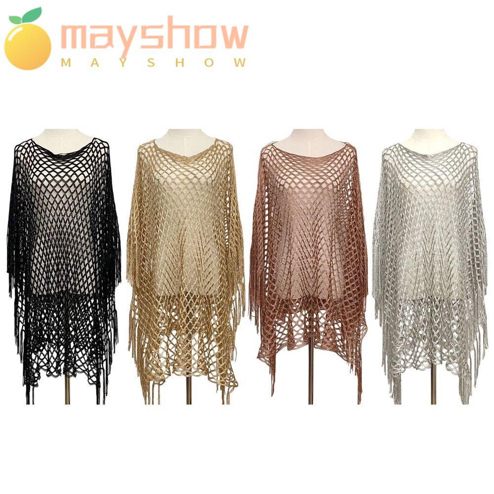 MAYSHOW Beach Towel, Gold Silver Wire Mesh Lace Shawl Jacket, Casual Tassels ถัก Hollowed Out Poncho