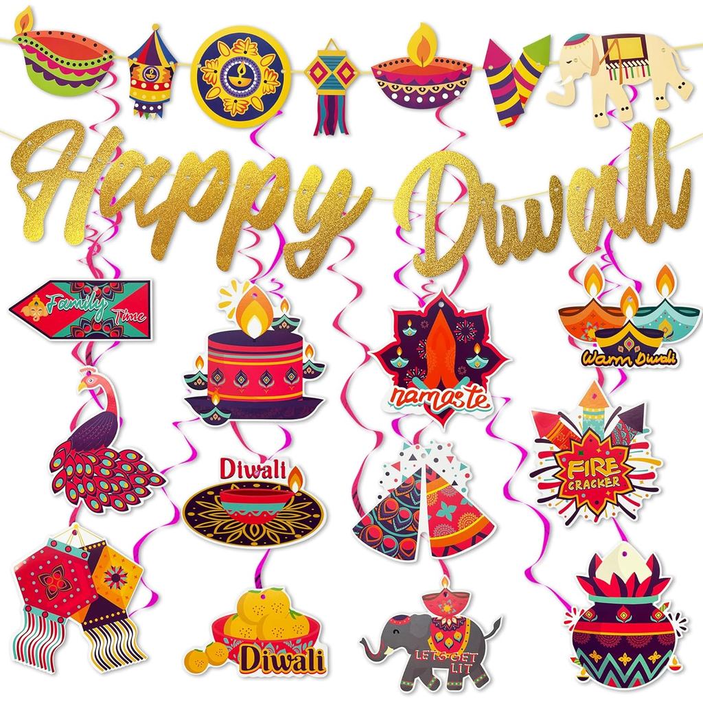 Happy Diwali แขวน Swirls ตกแต่งเทศกาล Light Party แบนเนอร์ Decor Party Supplies Happy Diwali Party W