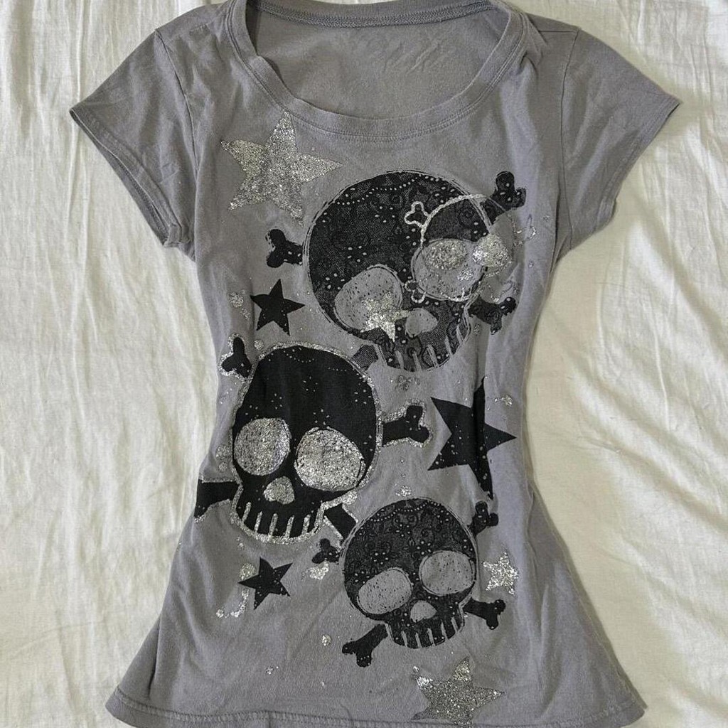Vintage Shibuya Hot Girl Skull Letter Print vintage American Grey T-Shirt Top Trend