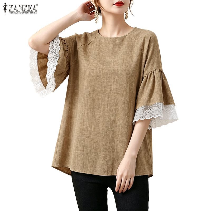 ZANZEA ใส่ ซานเซีย ผู้หญิงเกาหลีสบายๆรอบคอครึ่งแขนหลวมนัวเนียแขนลูกไม้ ประกบกัน เสื้อ