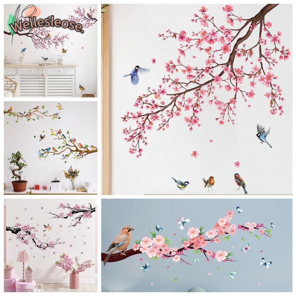 WELLE สติ๊กเกอร์ติดผนัง, หลากสี Self-กาวนกบนกิ่งไม้สติกเกอร์, Creative PVC เครื่องประดับภาพจิตรกรรมฝาผนัง Art ดอกไม้ Blossom Decals Living ห้องนอน