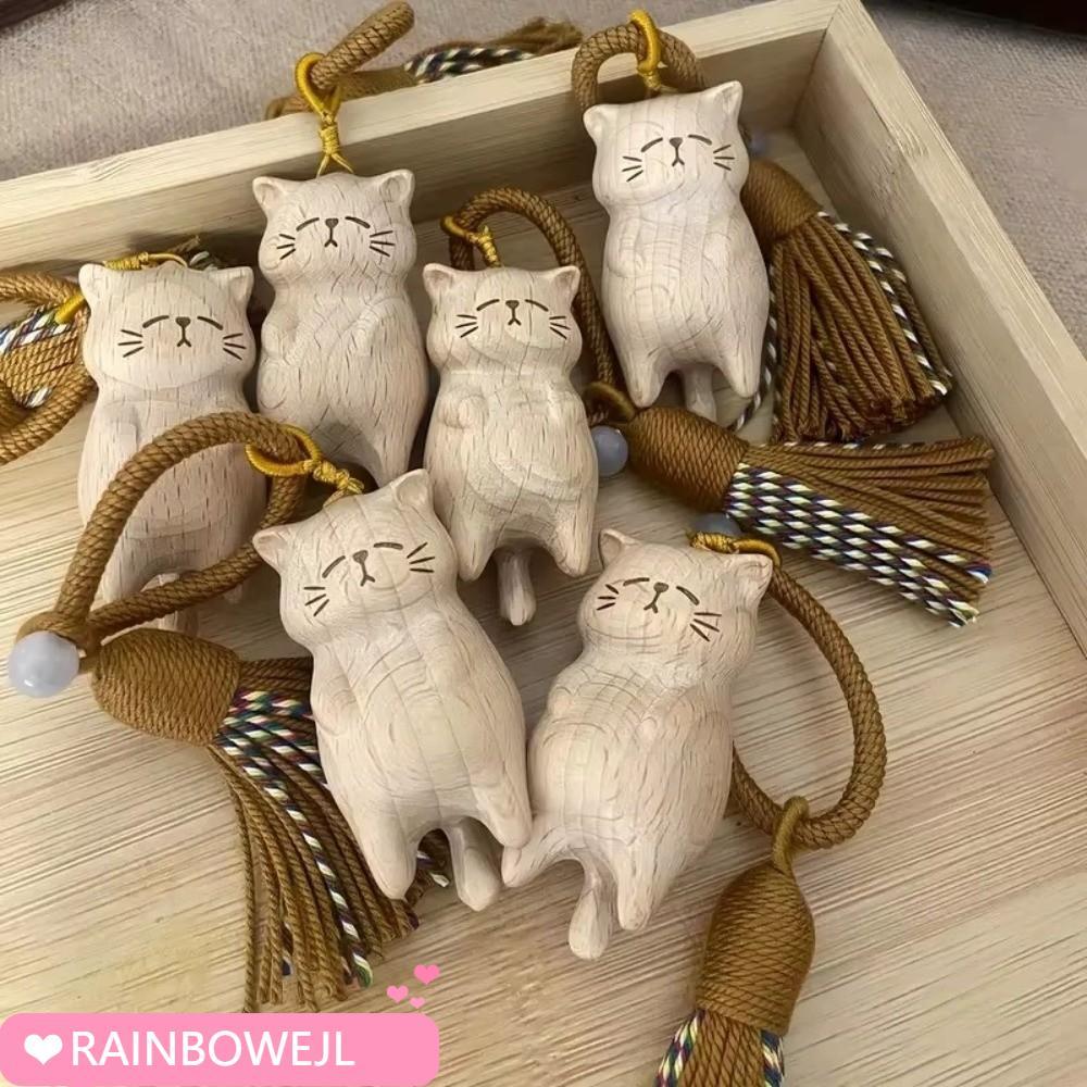 RAINBOWEJL Handcrafted จี้แมวไม้, เงินจับแมววัสดุไม้พวงกุญแจแมว, กระเป๋าพู่น่ารักตกแต่งกระเป๋าจี้
