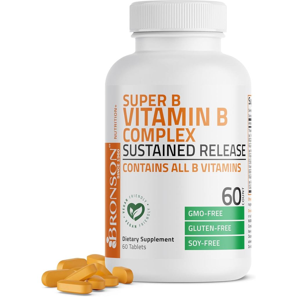 Bronson Super B วิตามินบีคอมเพล็กซ์ Sustained Slow Release (วิตามินบี 1, B2, B3, B6, B9 - กรดโฟลิก, 