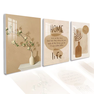 ชุดภาพติดผนัง 3 ชิ้น สไตล์มินิมอล โทนธรรมชาติ ลายดอกไม้ ข้อความ "HOME life" ตกแต่งห้องนั่งเล่น ห้องนอน สไตล์โบโฮหรูหรา