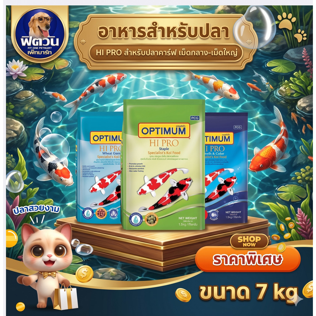 OPTIMUM อาหารปลาคาร์ฟออพติมั่ม 3 สูตร เม็ด M,L  7 กิโลกรัม{อาหารปลา}
