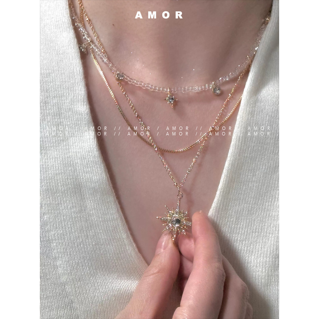 Vintage Multi-Layer Stacked Gold Sun จี้สร้อยคอ, Sweet Cool Y2K Clavicle Chain, Luxury Minimalist Choker สําหรับผู้หญิง