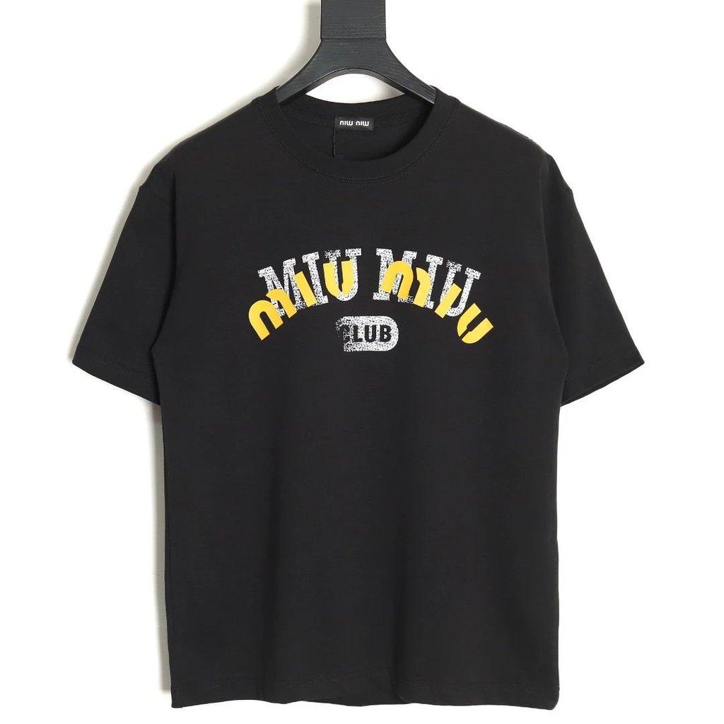 MIUMIU MIU 24SS เสื้อยืดแขนสั้นตัวอักษรเบลอ