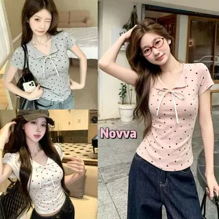 Novva ส่งไวจากไทย เสื้อแขนสั้น คอวี ลายจุดหัวใจ แต่งโบว์ เซ็กซี่ ใส่แล้วดูดี สไตล์เกาหลี