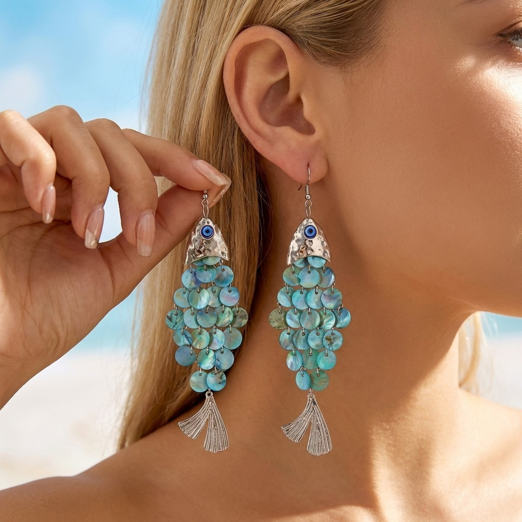 Benge Blue Fish Scale ต่างหูพู่ Y2K เครื่องประดับแฟชั่นสําหรับผู้หญิงชายหาดวันหยุดของขวัญอินเทรนด์อุ