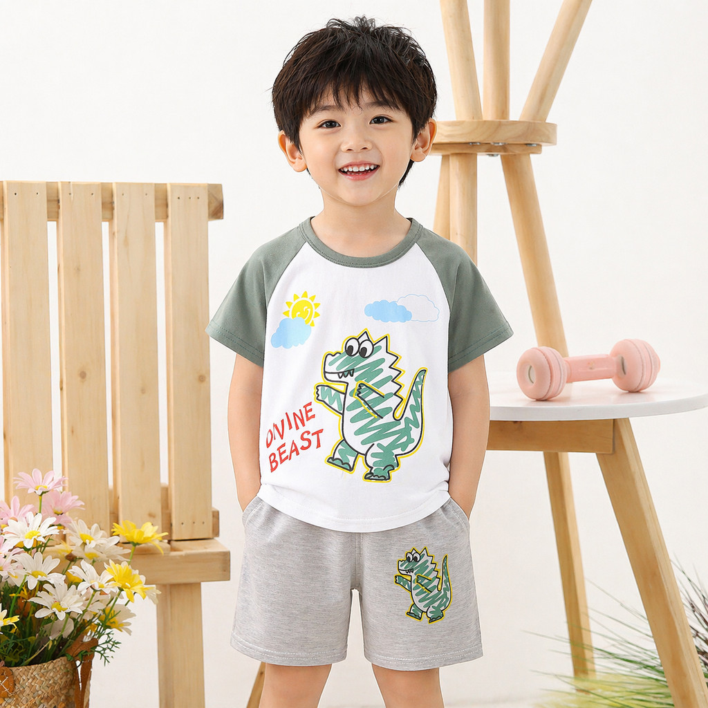 เสื้อยืดแขนสั้นเด็ก ชุดเด็ก 2 ชิ้น ผ้าฝ้ายแท้ นุ่ม ระบายอากาศดี ลายไดโนเสาร์ สำหรับเด็กผู้ชาย เด็กผู้หญิง ดูดซับเหงื่อ