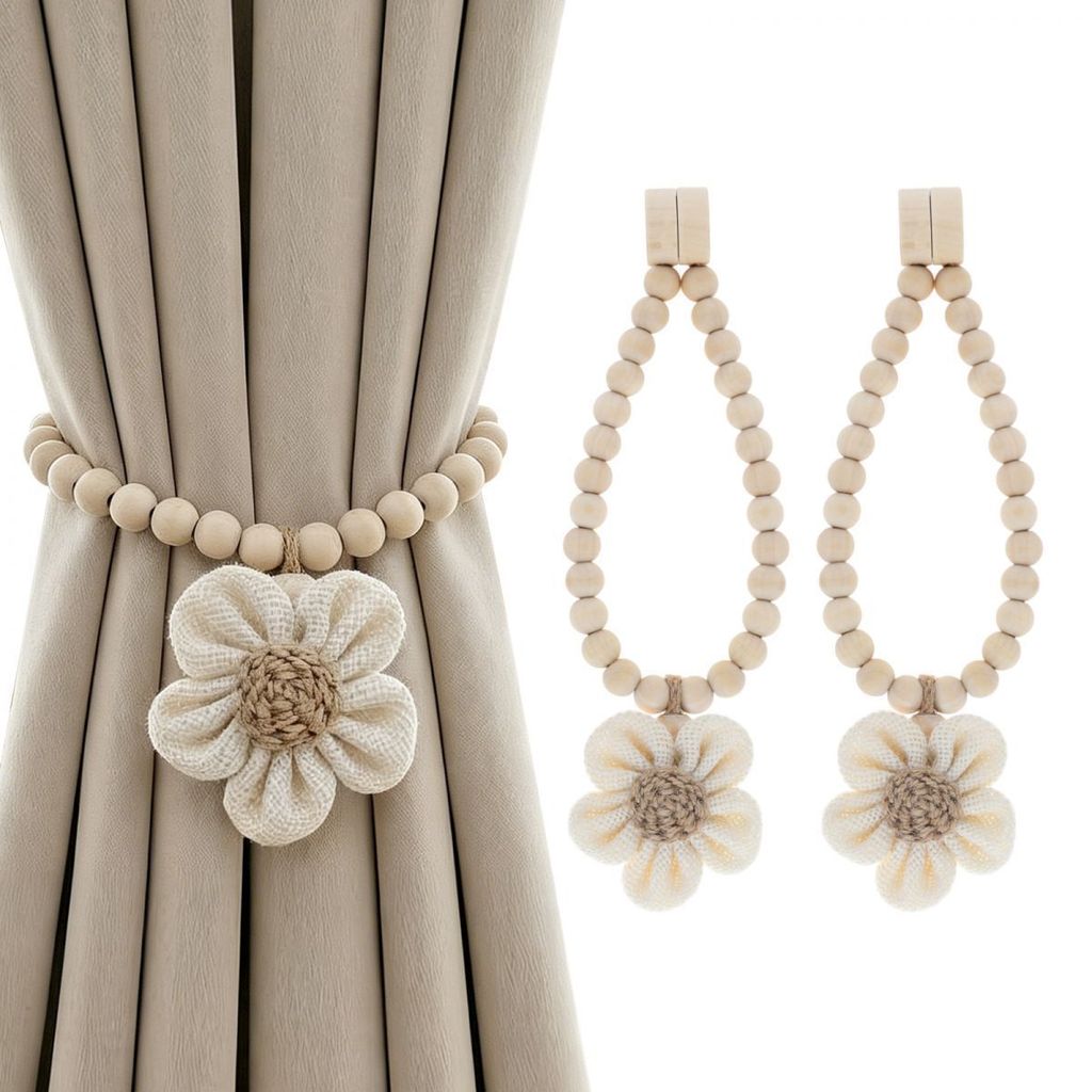 2 ชิ้น Beige Beaded ดอกไม้น่ารักผ้าม่านแม่เหล็ก Tiebacks สําหรับห้องนอน/ห้องนั่งเล่น/ตกแต่งลาน,สไตล์คลาสสิกไม้ลูกปัดผู้ถือผ้าม่าน