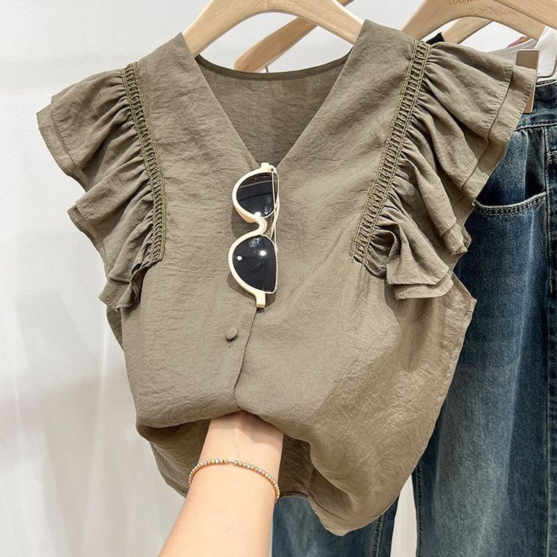เสื้อลูกไม้ชีฟอง แบบคอวีแขนกุด สไตล์ฝรั่งเศสระดับไฮเอนด์ รูปที่ 4