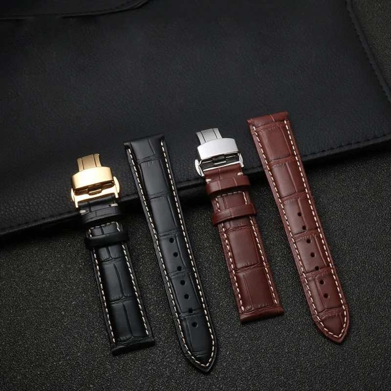 Genuine Leather Watch Strap Stainless Steel Butterfly Buckle For Longines Tissot Seiko Citizen IWC W