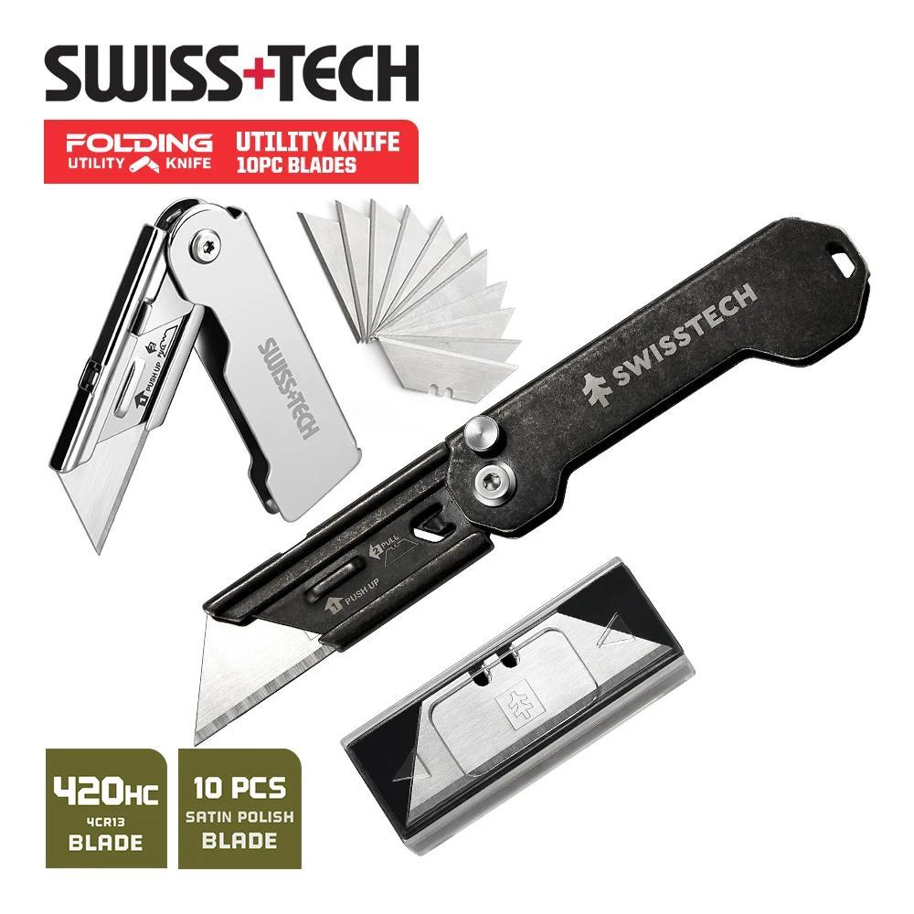SWISS TECH มีดพับขนาดเล็กเครื่องเขียนพวงกุญแจ Multitool มีดพกพา EDC เครื่องตัดกล่องมีดยูทิลิตี้พร้อมใบมีดถอดเปลี่ยนได้
