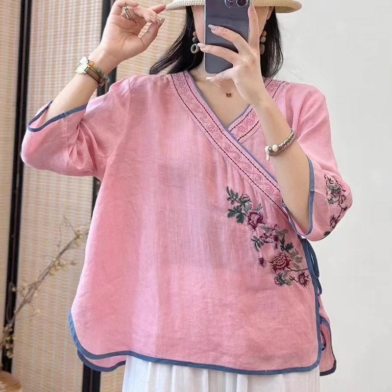 ฤดูใบไม้ผลิฤดูร้อนใหม่สไตล์จีนผ้าฝ้ายผ้าลินินปักเสื้อผู้หญิง V คอ Laced-Up Diagonal หลวม Slimmer ดูส