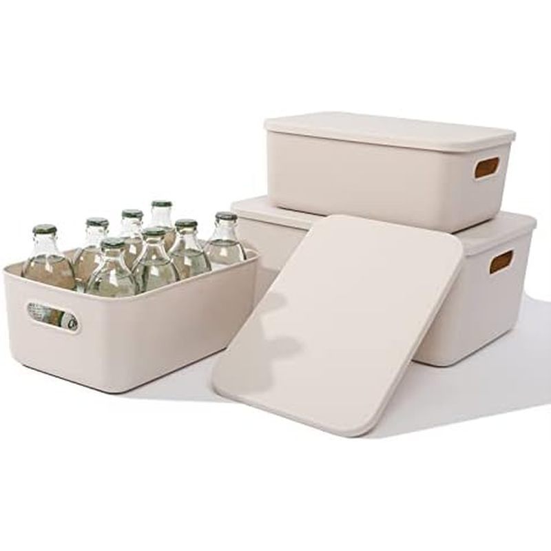Plastic Storage Baskets With Lid Organizing Container Lidded Knit Storage Organizer Bins for Shelves