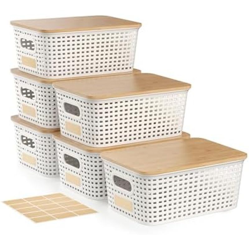 ith Lids, Stackable Plastic Storage Basket with Bamboo Lid, Pantry Organizer Box Small Containers fo
