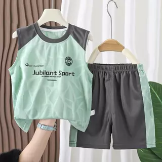 MooDeng Baby ชุดกีฬาเด็ก แขนกุด + กางเกงขาสั้น ผ้าตาข่ายระบายอากศดี แห้งเร็ว เด็กชาย ขาสั้น ยางยืด
