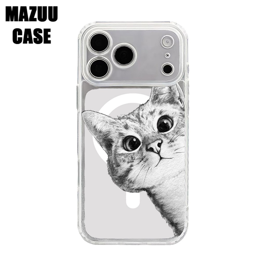 เคสไอโฟน TPU ใส แม่เหล็ก ปกป้องเลนส์กล้องเต็มรูปแบบ ลายแมวสเก็ตช์สีขาวดำสุดน่ารัก สำหรับ iPhone 17 16 15 14 13 12 11 Pro