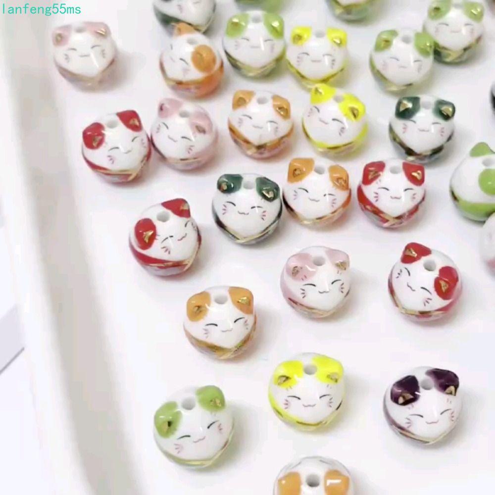 LANFENG Maneki-eko ลูกปัด, Kitty สร้อยคอ Plutus Cat Bead, แฟชั่น Handmade ญี่ปุ่นเซรามิค Fortune Cat