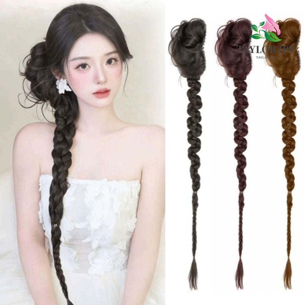 TAYLOR2PV Twist Braids Bun วิกผม, Fluffy Claw คลิปยาว Braids Buns Hairpiece, Elegant Side-Tied หวานธ