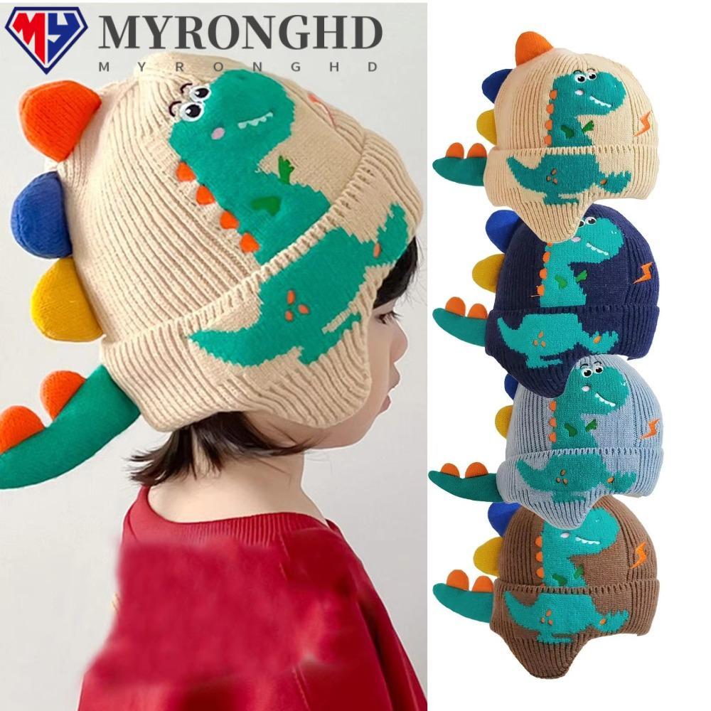 Myronghd หมวกถักนิตติ้ง, หมวกปิดหูกันหนาวสําหรับเด็กกันลมที่อบอุ่น, การ์ตูนไดโนเสาร์ถักหมวกทําด้วยผ้าขนสัตว์