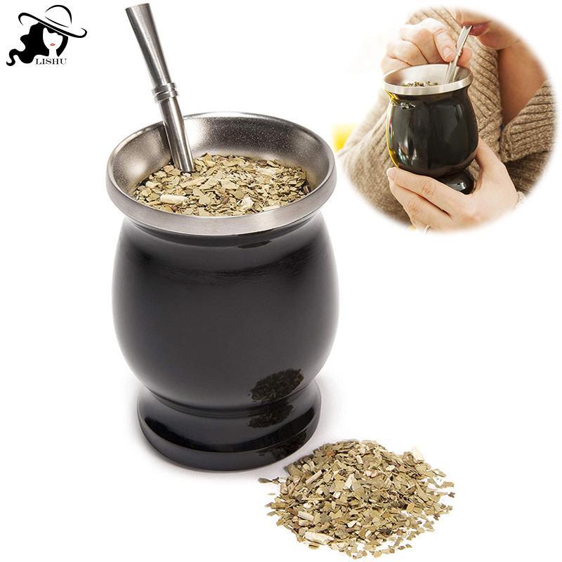 LISHU Yerba Mate Gourd Set Double-Wall Stainless Steel Mate Tea Cup and illa Set th