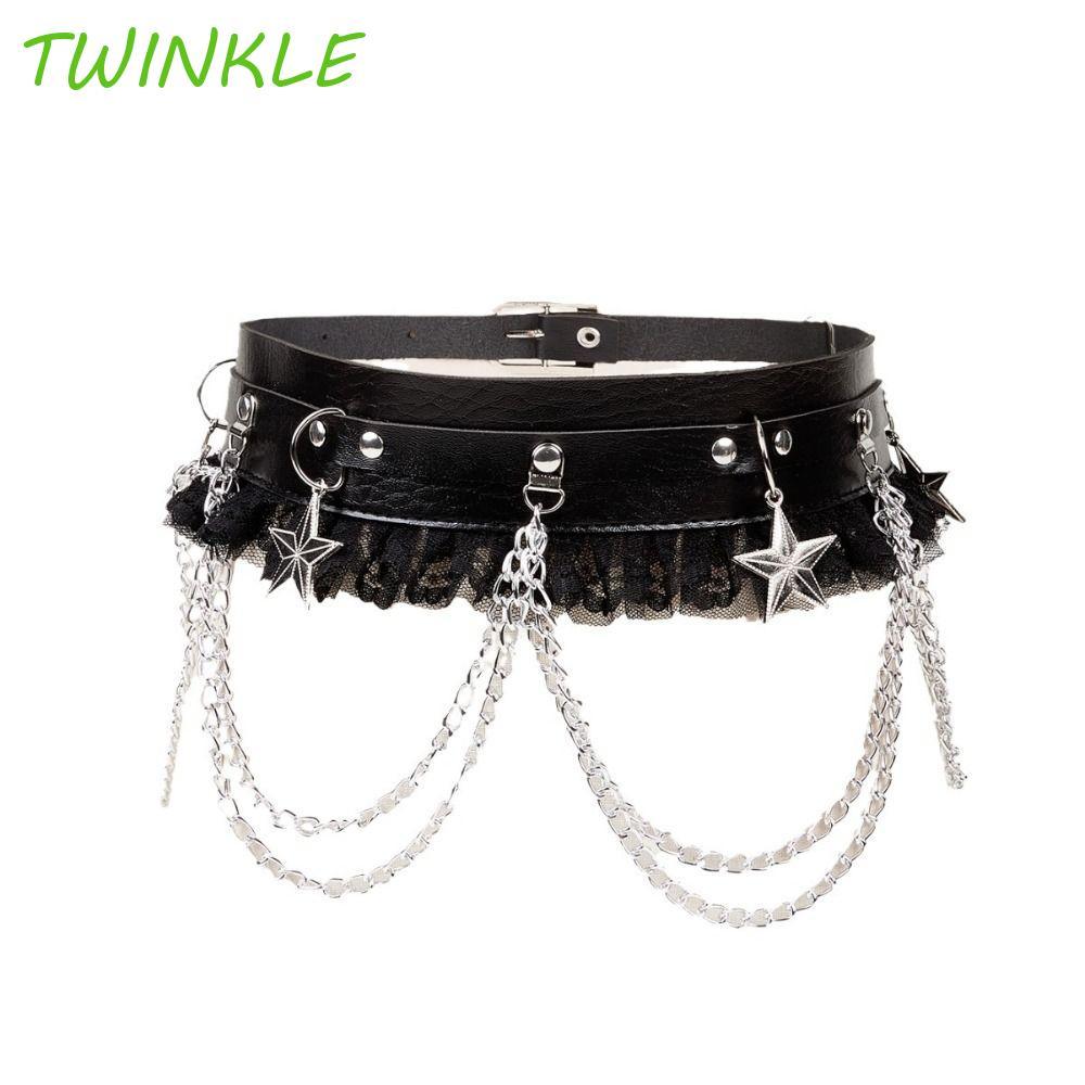 TWINKLE1 Dark Chain Punk เข็มขัด,ลูกไม้ Patchwork หนังเอว, Hip Hop สีดํา Star แฟชั่นกระโปรงเข็มขัดเอวตกแต่ง