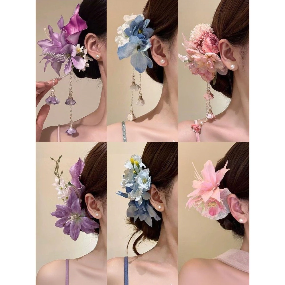 ฤดูร้อนสีชมพูพู่ดอกไม้กิ๊บหญิง กี่เพ้า ด้านข้างคลิปอุปกรณ์ผม