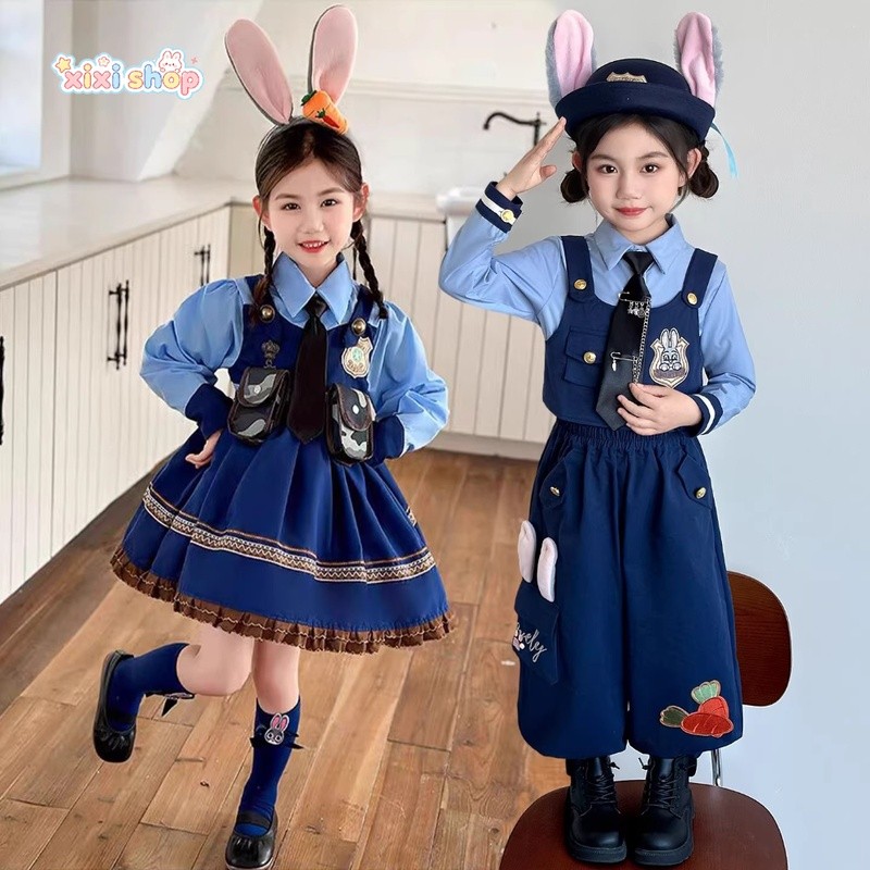 [คลังสินค้าพร้อม] ชุดเครื่องแต่งกายตํารวจ สวนสัตว์ สาว จูดี้ ฮ็อปปี้ ชุดชุดเดรสและกางเกง 2 แบบพร้อมหูกระต่ายสําหรับเด็ก 3-8ย