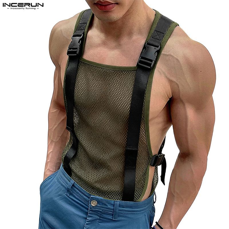 INCERUN Men Vintage Functional Style Square Collar Hollow Mesh Backpack สายรัดไหล่ออกแบบถัง