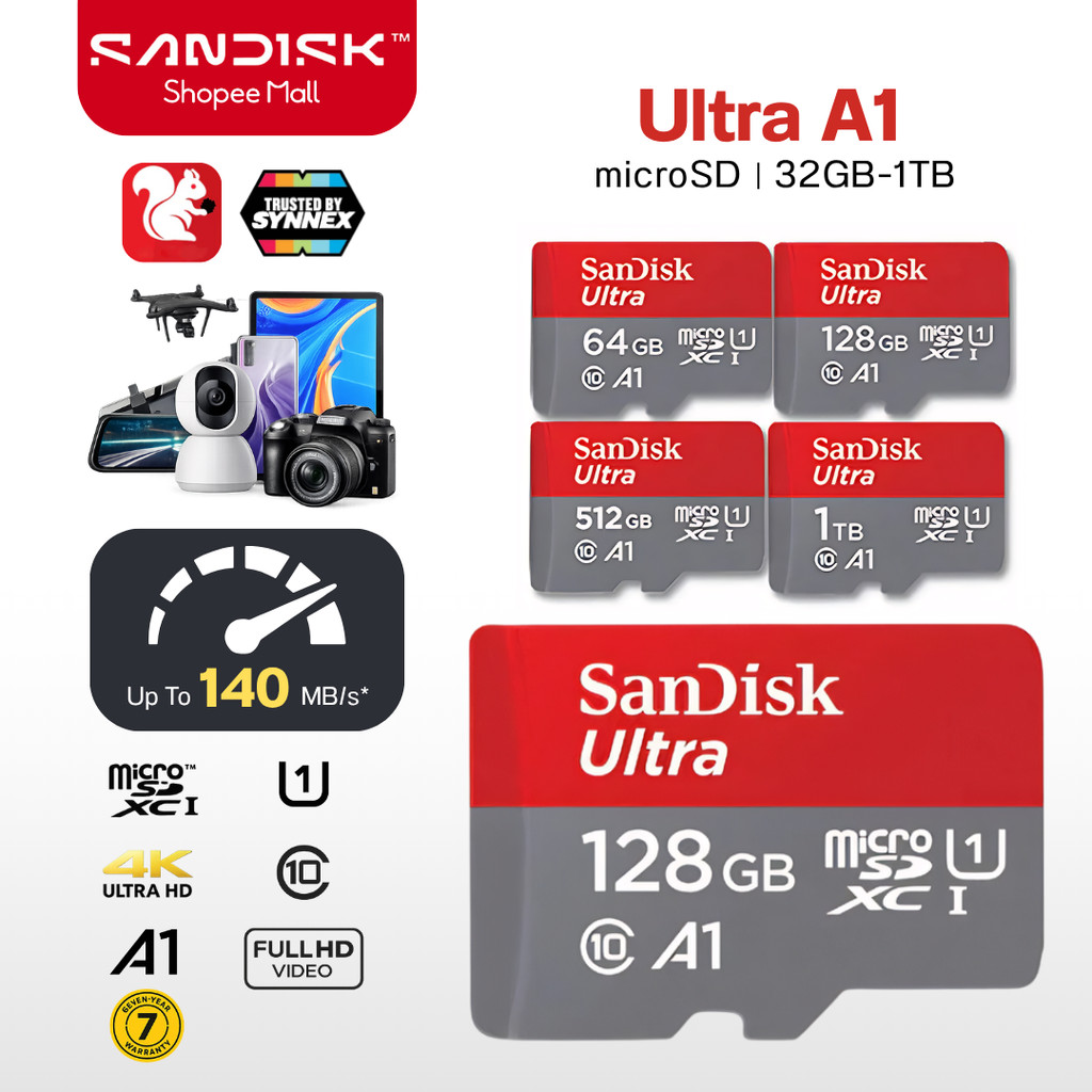 SanDisk Ultra MicroSDXC UHS-I 32GB/64GB/128GB/256GB/512GB/1TB ความเร็วสูงสุด 140 MB/s U1 A1 (SDSQUAB
