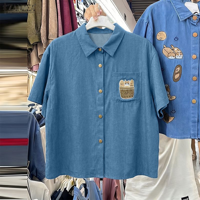ZANZEA เสื้อเชิ้ตแขนยาวพิมพ์ลายแขนยาวสไตล์เกาหลีของผู้หญิง — صورة 5