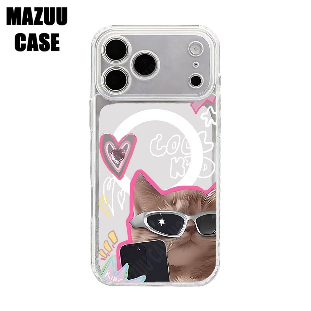 เคสไอโฟน TPU แม่เหล็กใส ปกป้องเลนส์ ลายแมวเท่ Cool Kid กับหัวใจ iPhone 17 16 15 14 13 12 11 Pro Max Plus