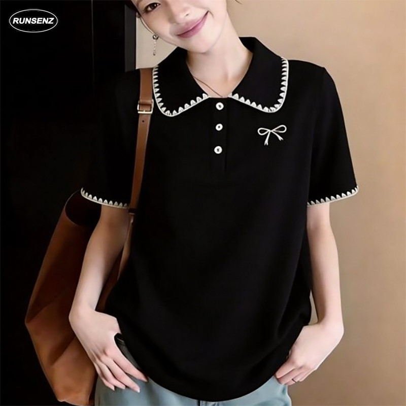 M-4XL เสื้อโปโลปักลายผู้หญิงพลัสไซส์, เสื้อยืดแขนสั้นลําลองสีดํา