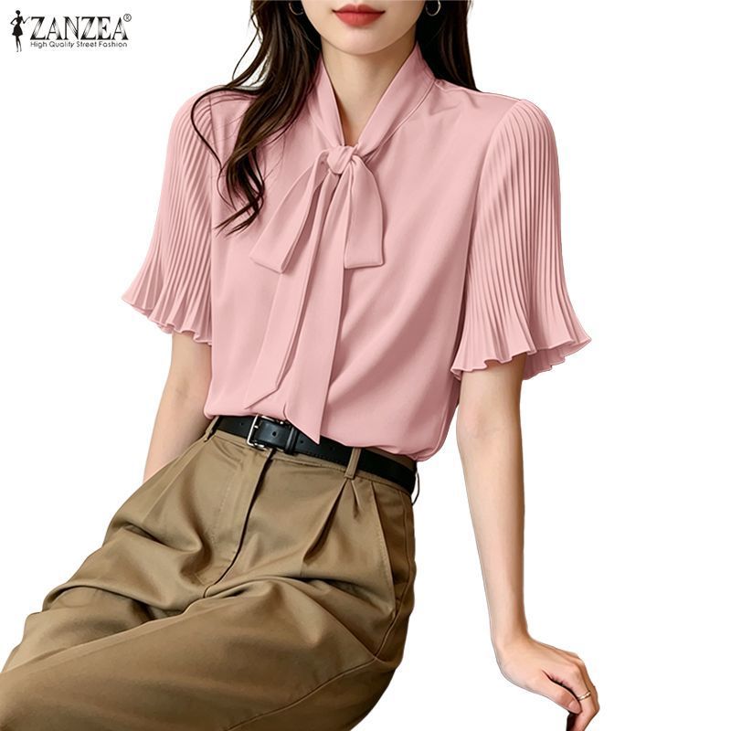 ZANZEA เสื้อผ้าผู้หญิง เสื้อเบลาส์แขนสั้นคอปกหรูหราเกาหลี