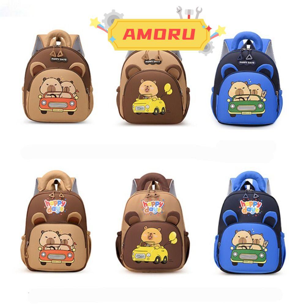 AMOR12U7 กระเป๋าเป้สะพายหลังไนลอนน้ําหนักเบา ลายการ์ตูน Capybara ความจุขนาดใหญ่ หลายช่อง สําหรับนักเรียนอนุบาล