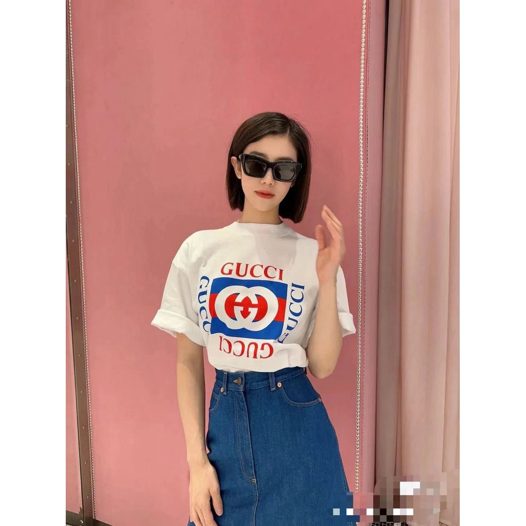 แขนสั้นครึ่งความยาว guc เสื้อคู่ Chi พิมพ์โลโก้หน้าอกโบราณ g เสื้อผู้ชายรอบคอด้านบน gss ผู้หญิง os แ