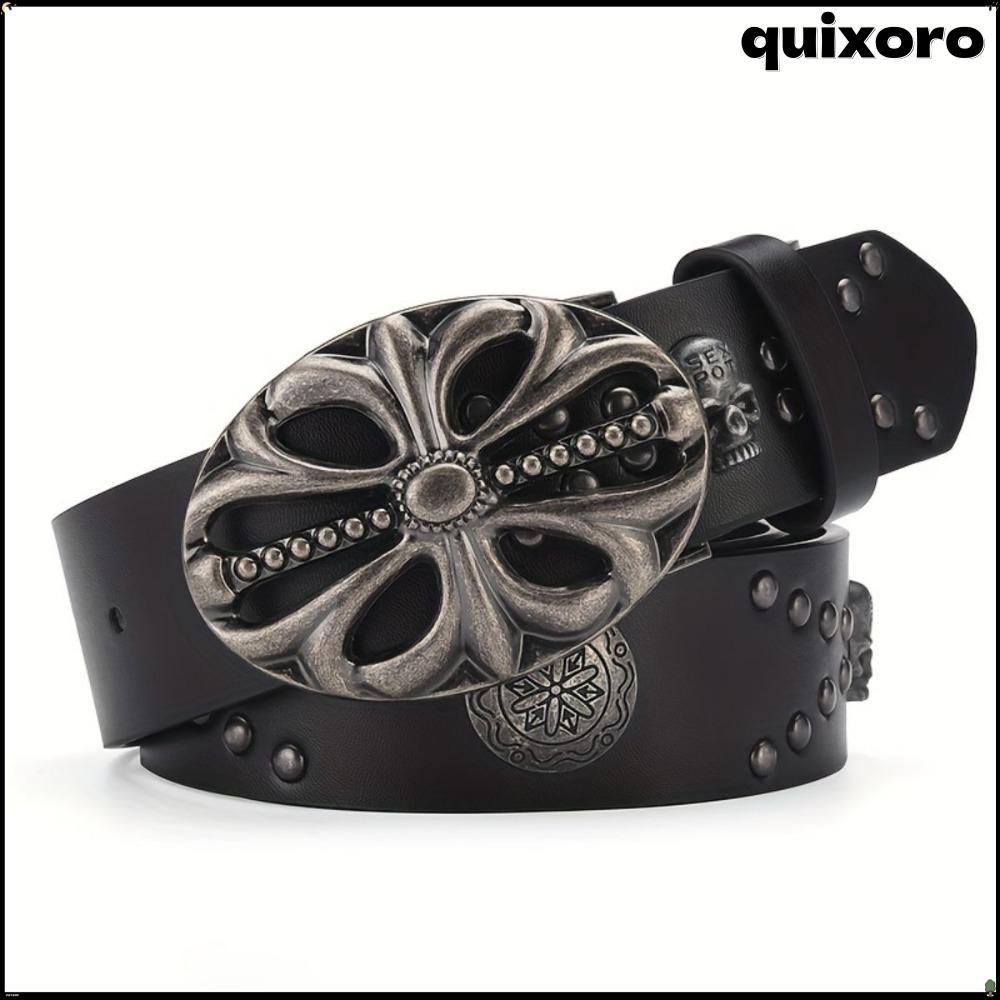 QUIXORO เข็มขัดหนัง, Skeleton Head Punk เข็มขัดสไตล์โบฮีเมียน, เข็มขัดฝังฮิปฮอปวินเทจสไตล์ Y2K