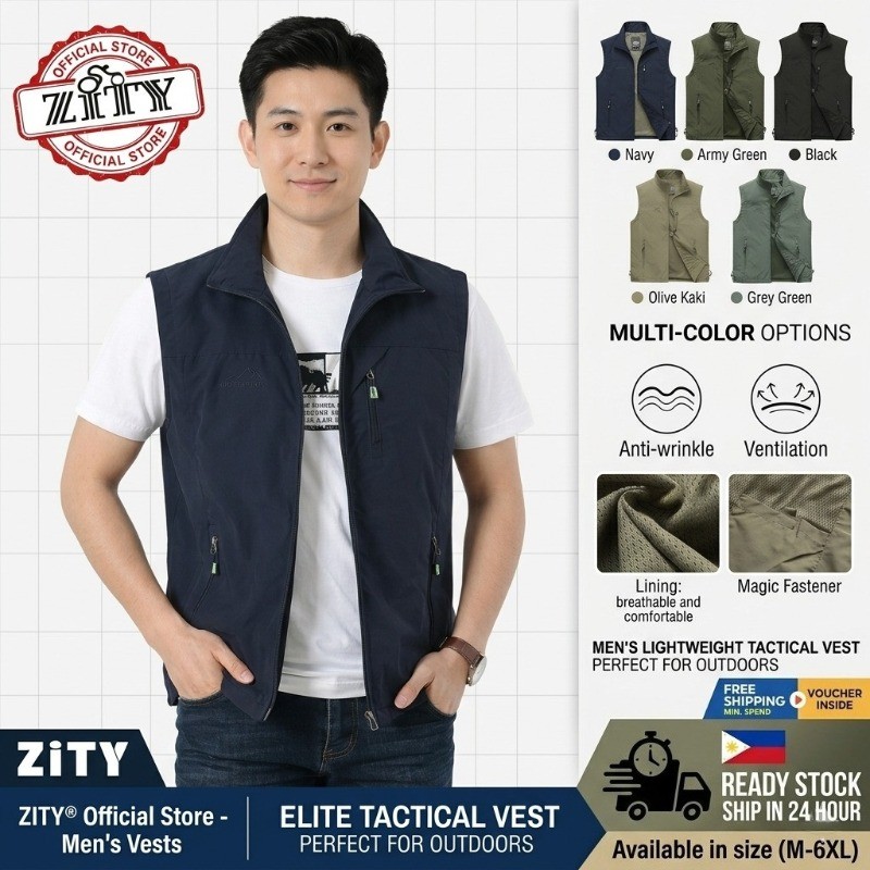 ZITY เสื้อกั๊กผู้ชายสำหรับกิจกรรมกลางแจ้ง เสื้อกั๊กแขนกุดน้ำหนักเบาหลายกระเป๋า สำหรับตกปลาและเดินป่า