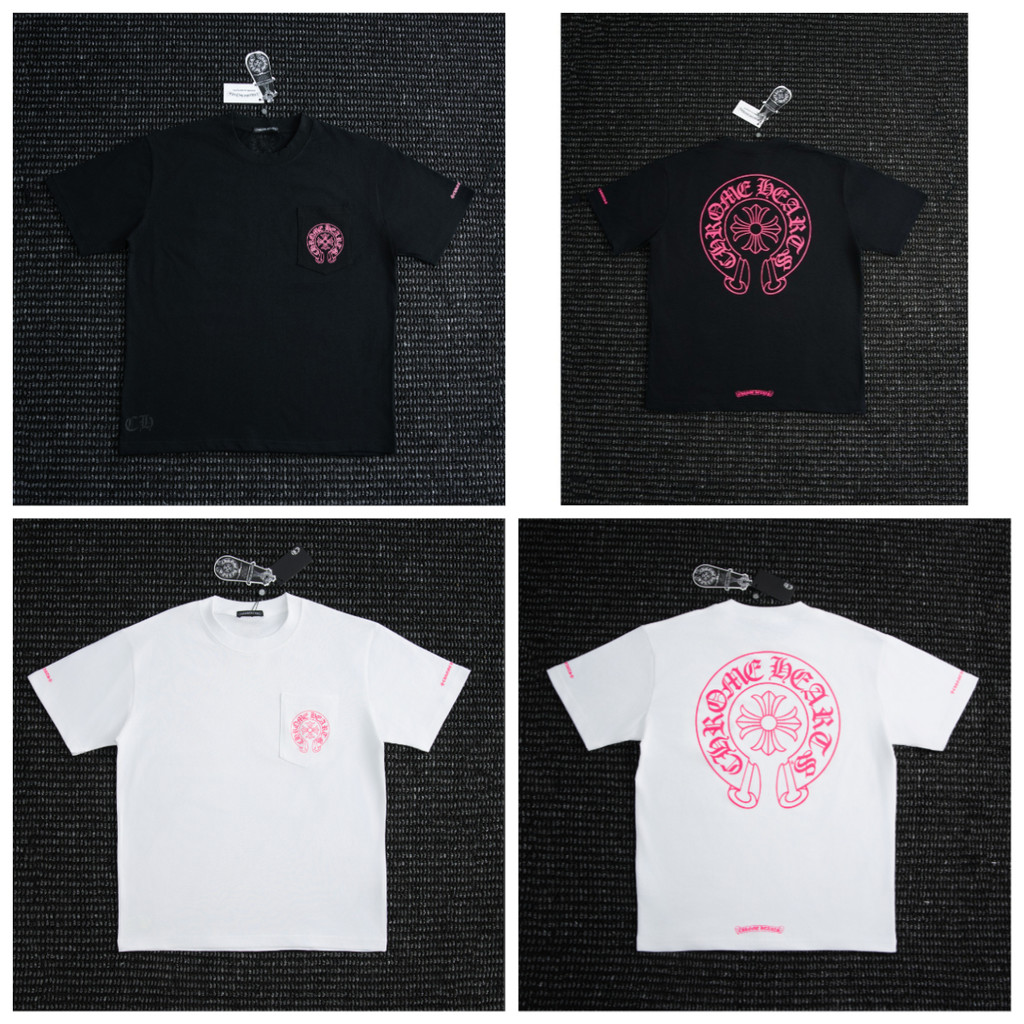 ผู้ชายผู้หญิงสไตล์เดียวกัน Retro กระเป๋ารอบคอออกแบบหลวมสบายๆ All-Match Top สีชมพู Horseshoe พิมพ์เสื้อยืดแขนสั้น