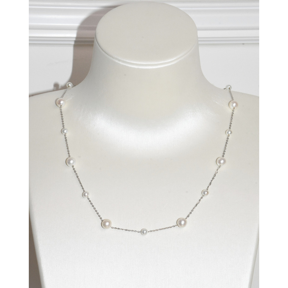 4A Freshwater Round Necklace in Silver 925 WG Plated - Graduated Mixed Pearls - White (4 -7mm)