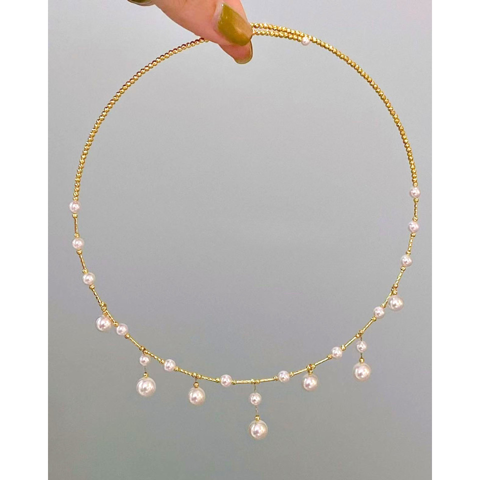 5A Japanese Akoya Round Necklace in 18K Gold - Pluie d'Or Pearl Necklace - White (4-8mm)