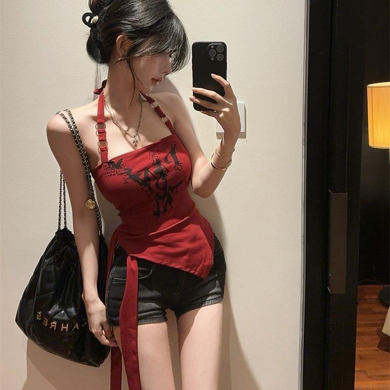 Medium Hot Girl Style Halter Camisole ผู้หญิงฤดูร้อนสวมใส่ด้านนอกการออกแบบ Sense Streamer พิมพ์การออ